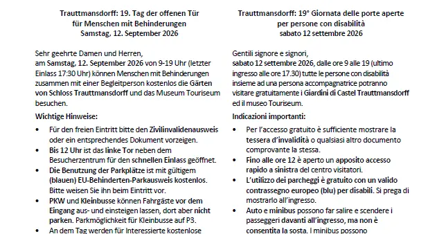 Tag der offenen Tür Trauttmansdorff 12.9.2026