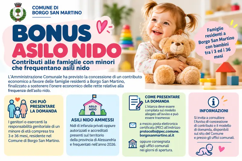 Bonus asilo nido 2026: contributi per le famiglie residenti a Borgo San Martino