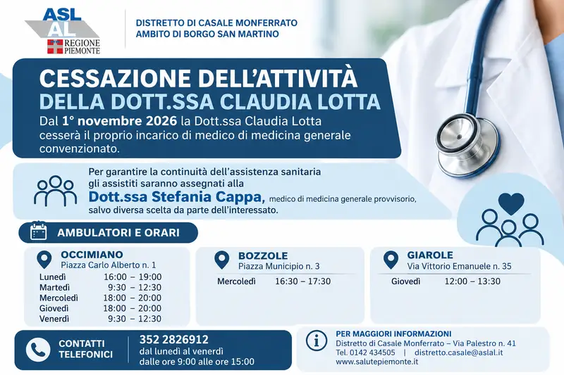 Cessazione dell’attività della Dott.ssa Claudia Lotta: informazioni per gli assistiti
